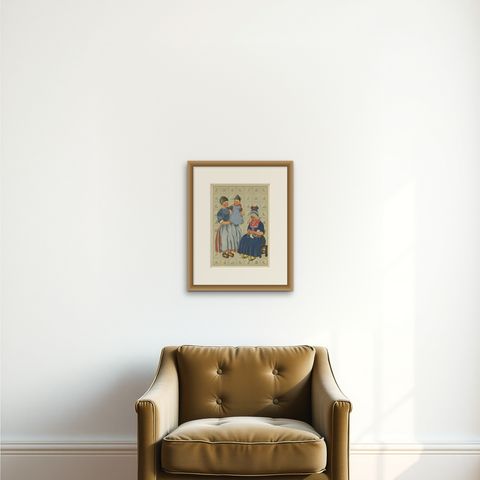 Volendam Women and Child in Traditional Work and Everyday Dress, Lithograph 1932, shown framed on a wall