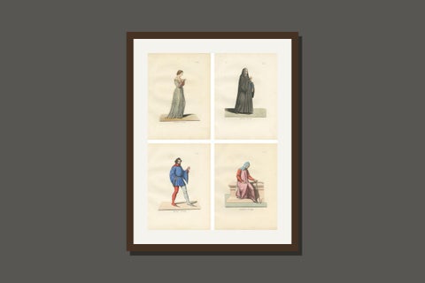 Set of Four Medieval Figures, Costume & Daily Life, Handcolored Engravings 1845, view 9