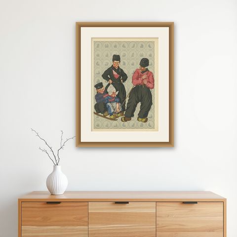 Cheerful Winter Outing: Volendam Men & Children in Holiday Dress (1932), shown framed on a wall