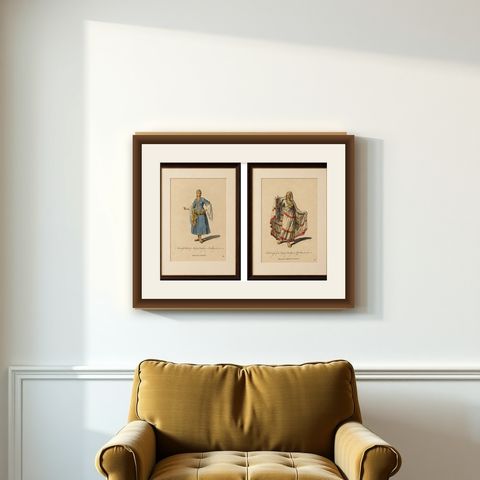 Barbary Ladies in Morning and Ceremonial Dress in 1700, Costume Engravings, 1749, shown framed on a wall