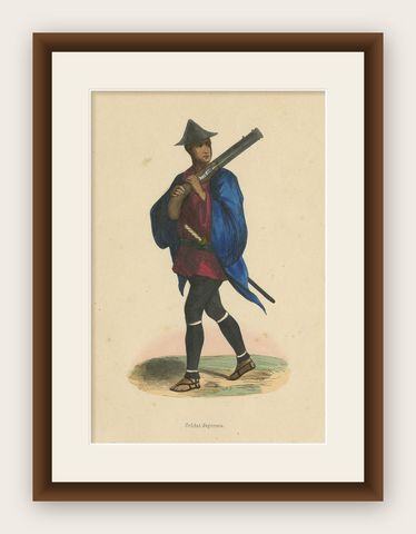 Antique Costume Print of a Japanese Soldier by Wahlen, 1843, shown framed