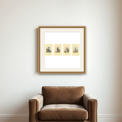 Austrian Folk Costume Prints, Elegant 4-Plate Set of Rural Figures, c. 1820, shown framed on a wall