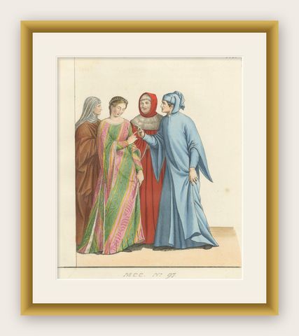 Medieval Italian Courtship c.1300s, Nobles in Historic Dress, Print 1845, shown framed