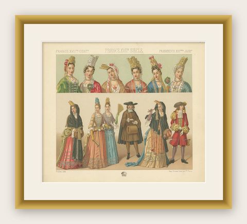 Pl. 104 Antique Print of French 17th Century Costumes by Racinet, circa 1880, shown framed