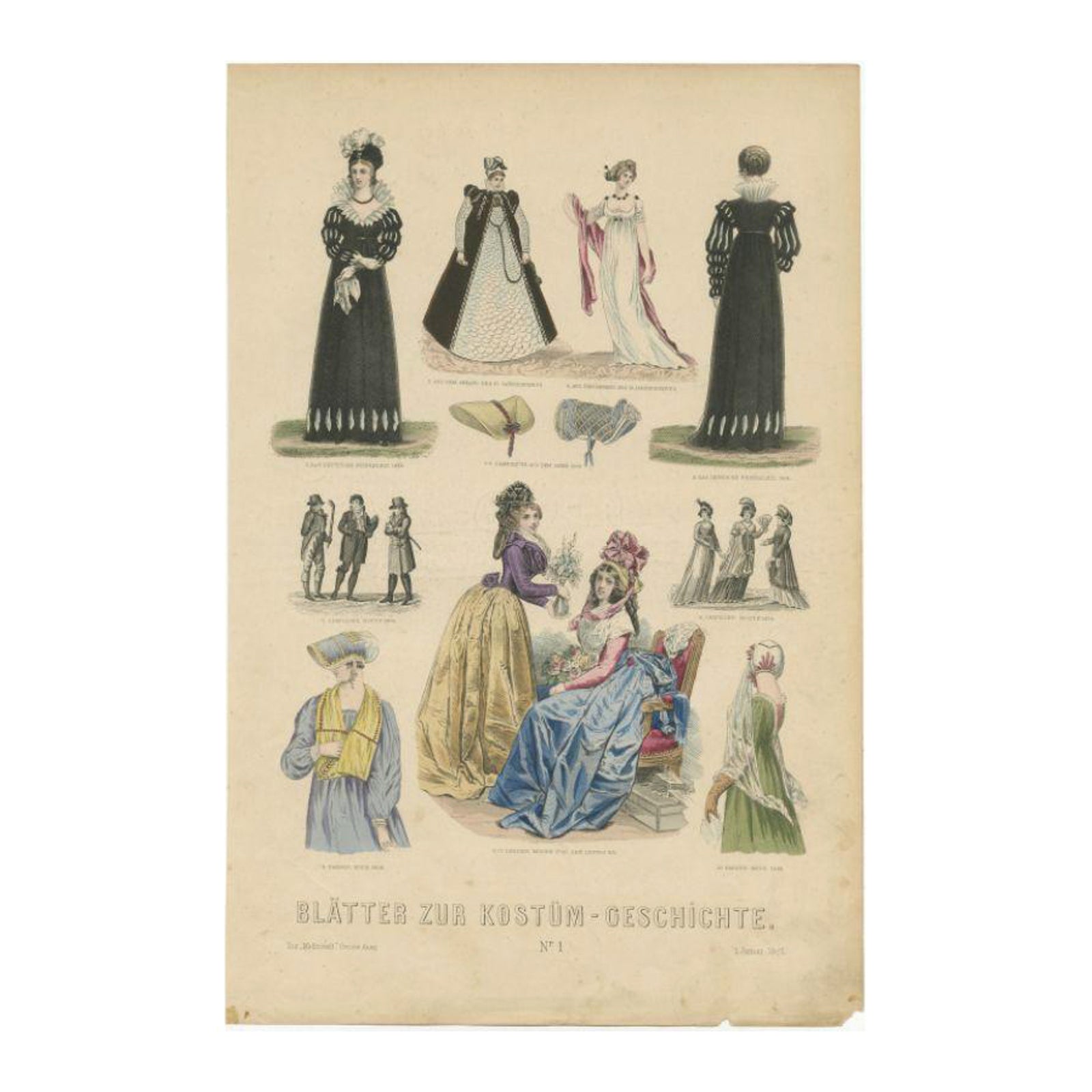 Antique Costume Print of Paris / France, Leipzig / Germany and Others