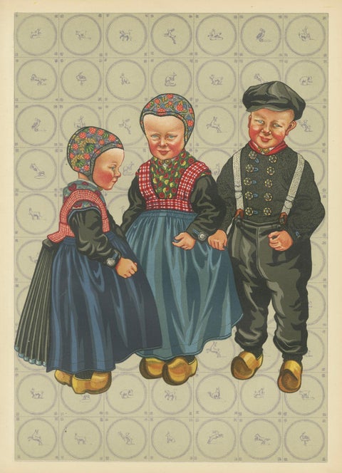 Dutch Children in Traditional Staphorst Dress with Delfts Blue Tile Background, close-up 6