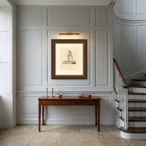 Woman of Broeck, Dutch Regional Dress, Antique Ackermann Print, 1817, shown framed in a room