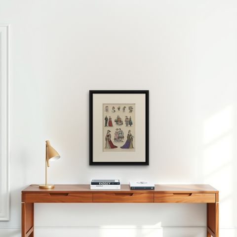 Decorative Print of Costumes of Hungary, England, Germany Holland Etc., C.1875, shown framed on a wall
