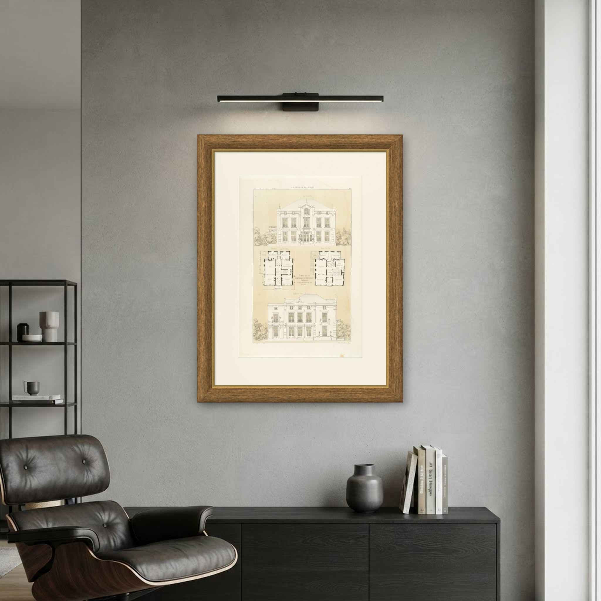 Meppel Country House, Elevations, Dutch Architecture Print, Leliman, 1865-1866, shown framed on a wall