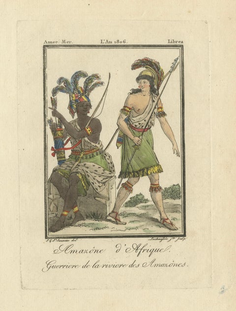 African Amazon and Amazon River Warrior, Hand-Colored Costume Engraving, 1806, close-up 1