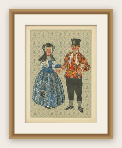 Elegant Dutch Couple in Festive Bergen-Binnen Costume, Early 1800s Print, shown framed