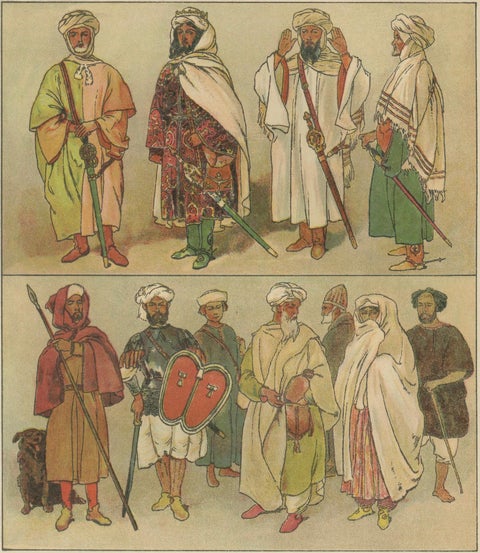 Hand-Colored 1900 Print of Moorish Costumes, 15th Century North Africa, ca.1880, close-up 1