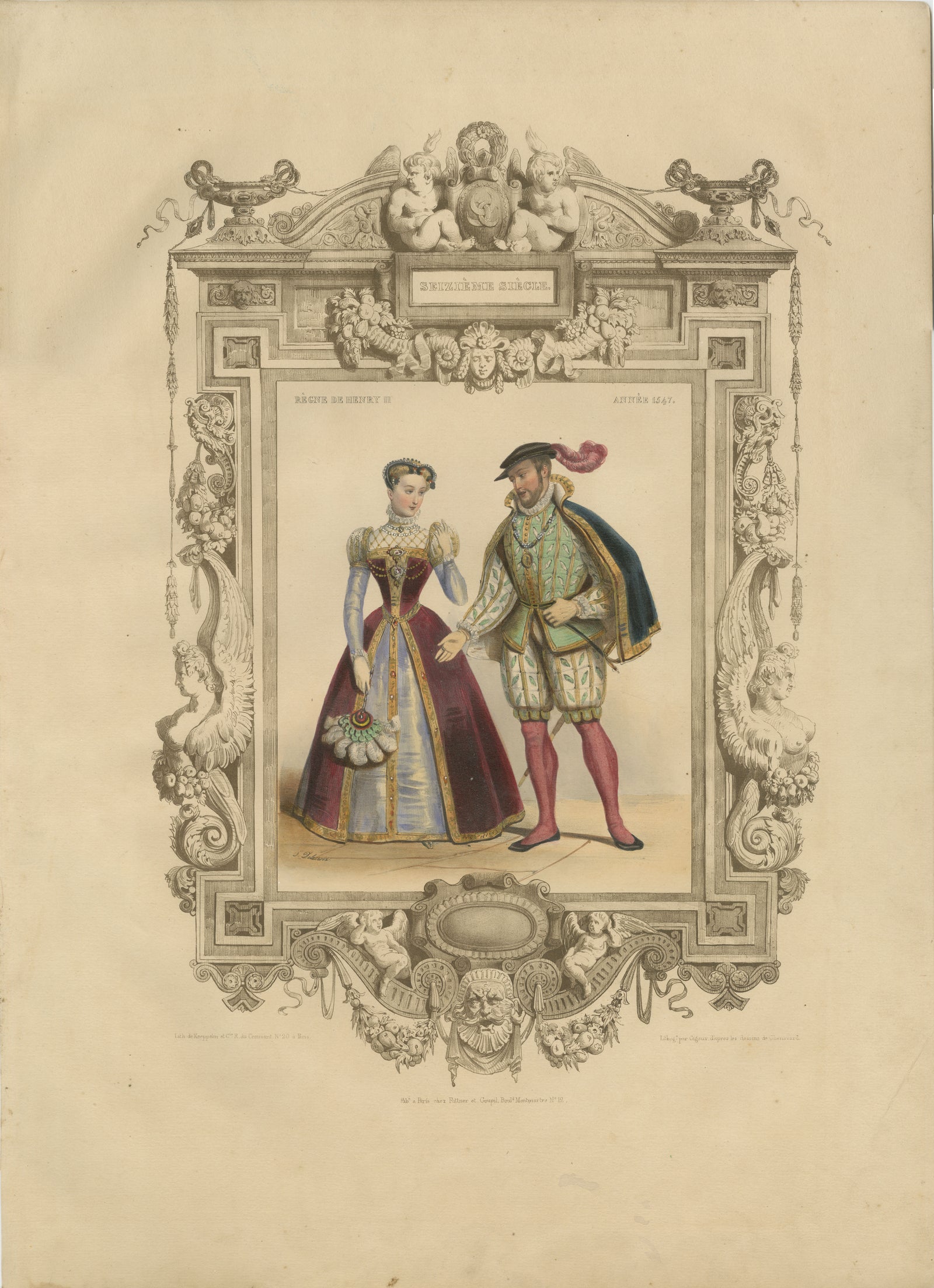 Henri II & Catherine de' Medici French Court Costume Lithograph, 1847