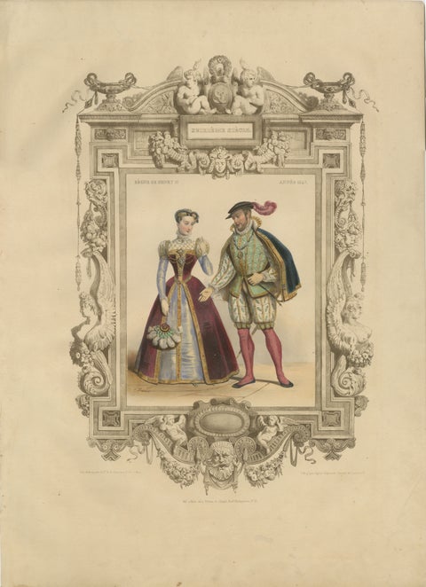 Henri II & Catherine de' Medici French Court Costume Lithograph, 1847