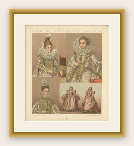 Pl. 65 Antique Print of European XVIth Century Costumes by Racinet 'circa 1880', shown framed