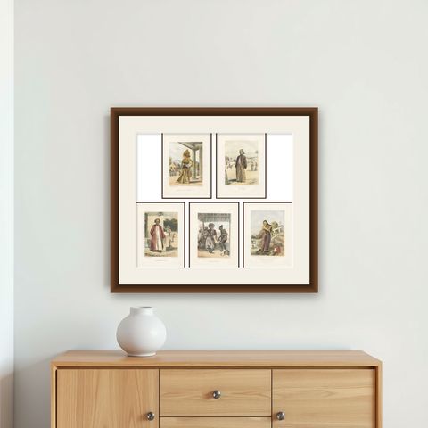 Title: Antique Javanese Costume Lithographs, Set of Five by F. Hardouin, c.1840, shown framed on a wall