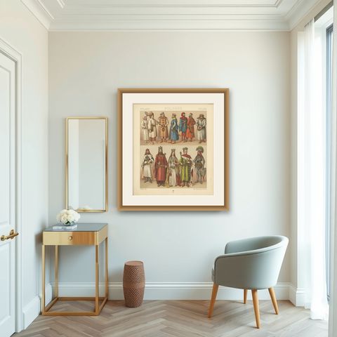 Antique Print of Polish Costumes Racinet, 'circa 1880', shown framed in a room