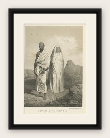 Islamic Costume Print Pilgrim Attire of Mecca, 1863 Dutch Lithograph, shown framed