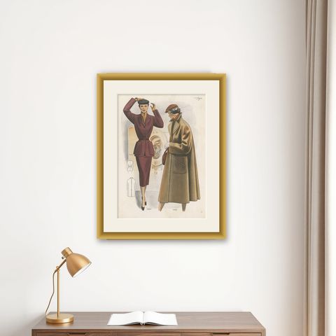 Decorative Vintage Fashion Print published in Ladies‘ Styles, 1952, shown framed on a wall