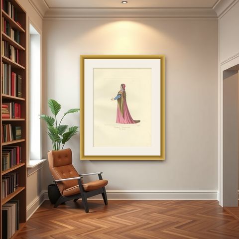 Antique Print of an Italian Noblewoman, 15th Century, by Bonnard, 1860, shown framed in a room
