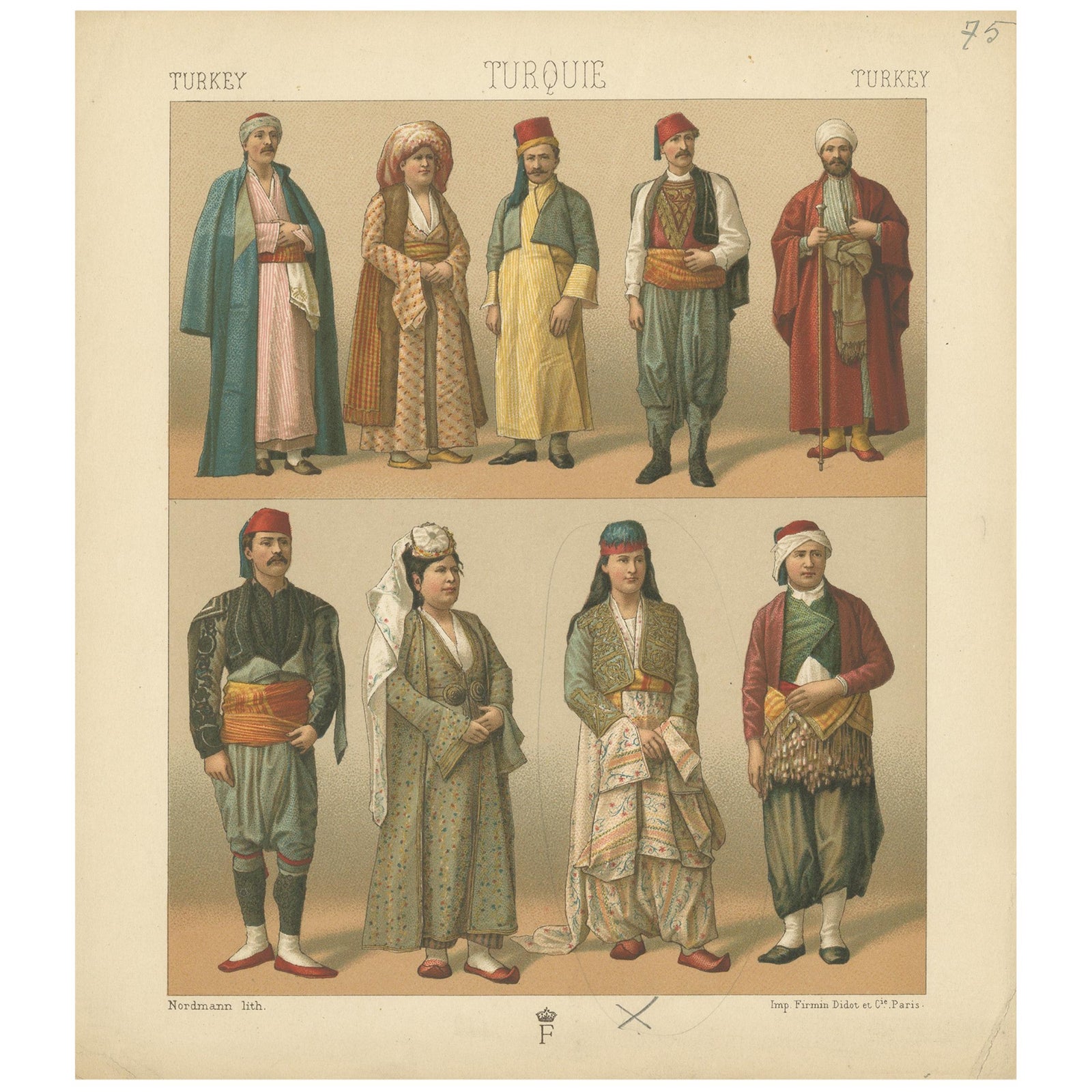 Pl. 75 Antique Print of Turkish Costumes by Racinet, 'circa 1880'