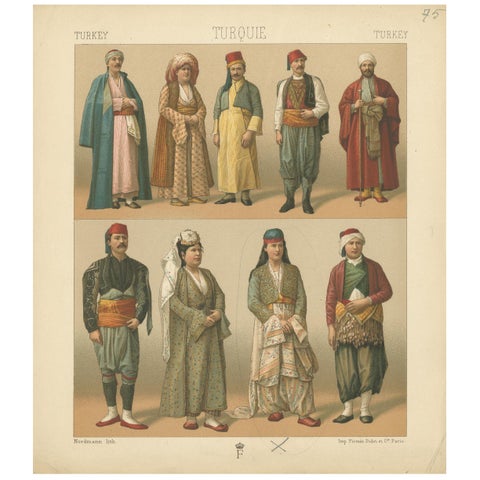 Pl. 75 Antique Print of Turkish Costumes by Racinet, 'circa 1880'