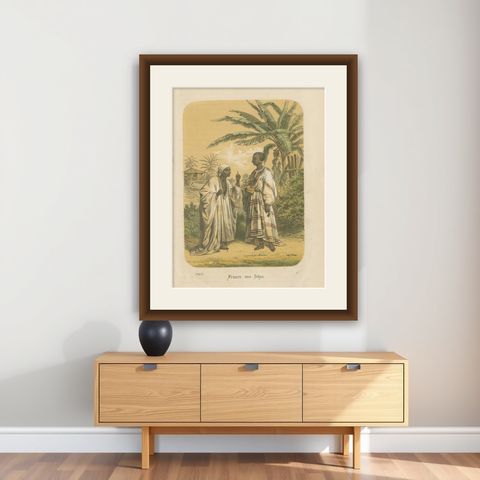 Women of Shoa (Ethiopia), Antique Ethnographic Costume Print, 1868, shown framed on a wall