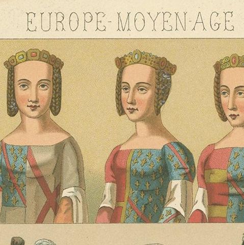 Pl. 21 Antique Print of European Costumes by Racinet 'circa 1880', close-up 1