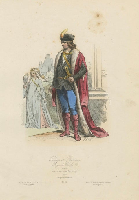Antique French Costume Print of a Baron and Baroness in Medieval Attire, ca.1860, close-up 4