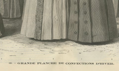 Large Antique French Fashion Plate, Winter Costumes Paris, c.1880, close-up 3