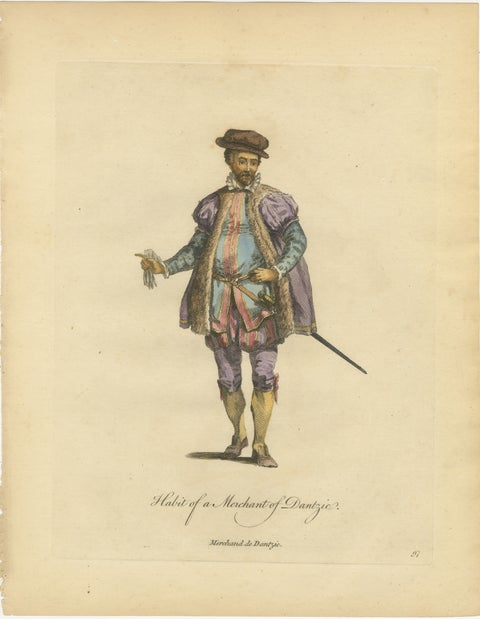 Danzig Merchant Costume Engraving, Polish Trade Figure, Hand-Colored, 1749, view 2
