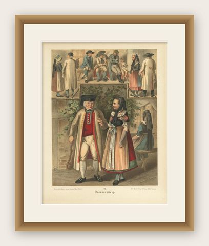 Antique Costume Print 'Braunschweig' by Kretschmer, 1890, shown framed