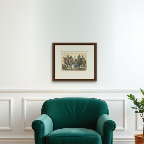 South African Costumes, Hottentots, Sudanese Women, and Chief Moussaou, c.1845, shown framed on a wall