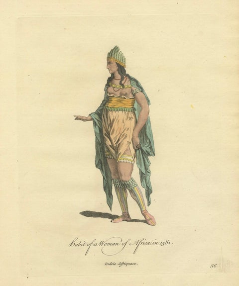 Habit of a Woman of Africa in 1581, Early Ethnographic Costume Engraving, 1749, close-up 1