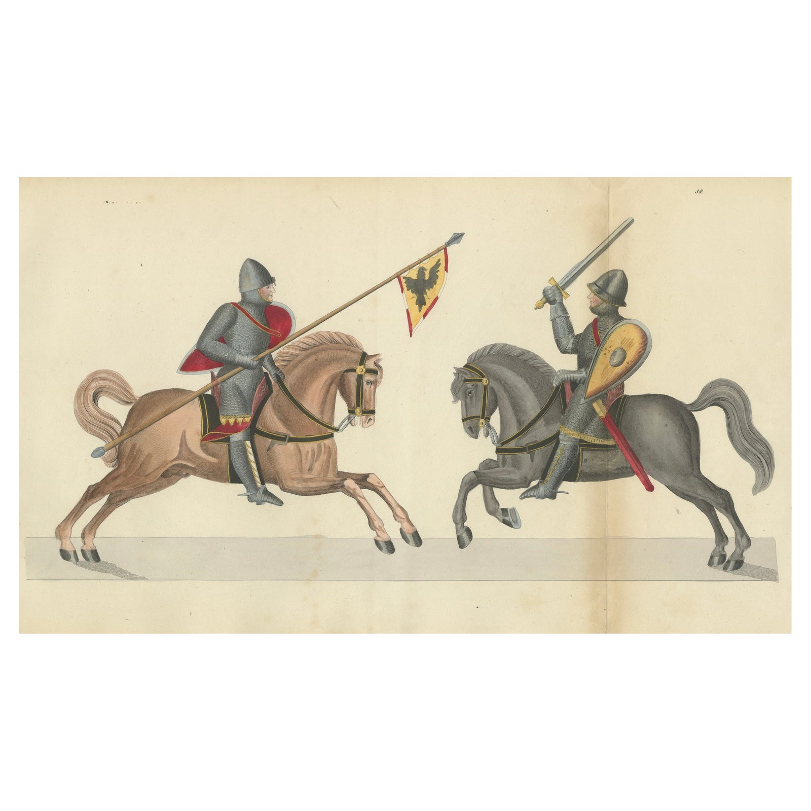 19th-Century Hand-Coloured Print of Armed Horsemen Bearing a Heraldic Banner