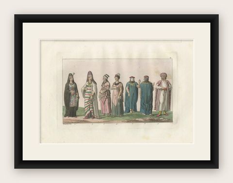 Antique Print of Arab Costumes by Ferrario, '1831', shown framed