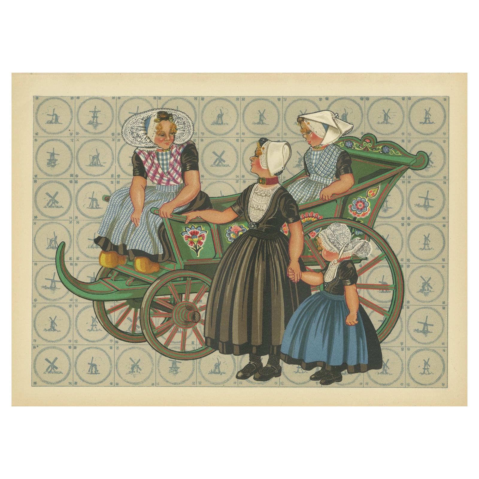 Colorful Walcheren Girls in Traditional Dress Riding a Painted Market Cart, 1932