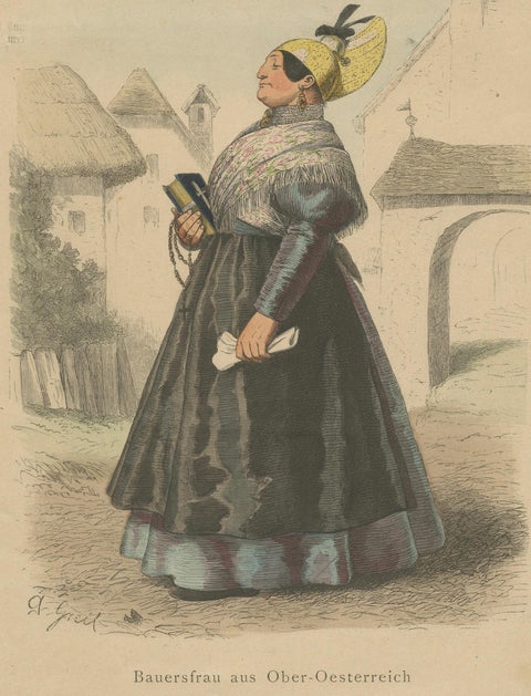 Austrian Folk Costume Pair, Upper Austria, Elegant Rural Figures, 1876, close-up 2