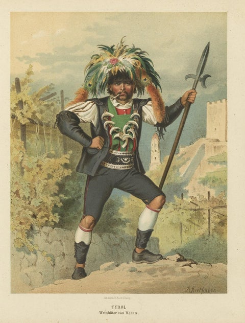 Original Costume Print of South Tyrol, Austria, a Merana Vineyard Keeper, 1870, close-up 1