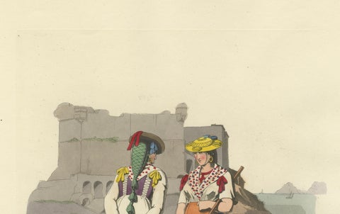 Costume Print: Peasant Women at Lerici in Italy, 1820s Hand-Colored Engraving, close-up 1