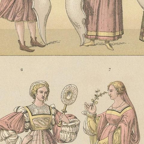 Pl. 169 Antique Print of Italian Women's Costumes by Racinet, 'circa 1880', close-up 2