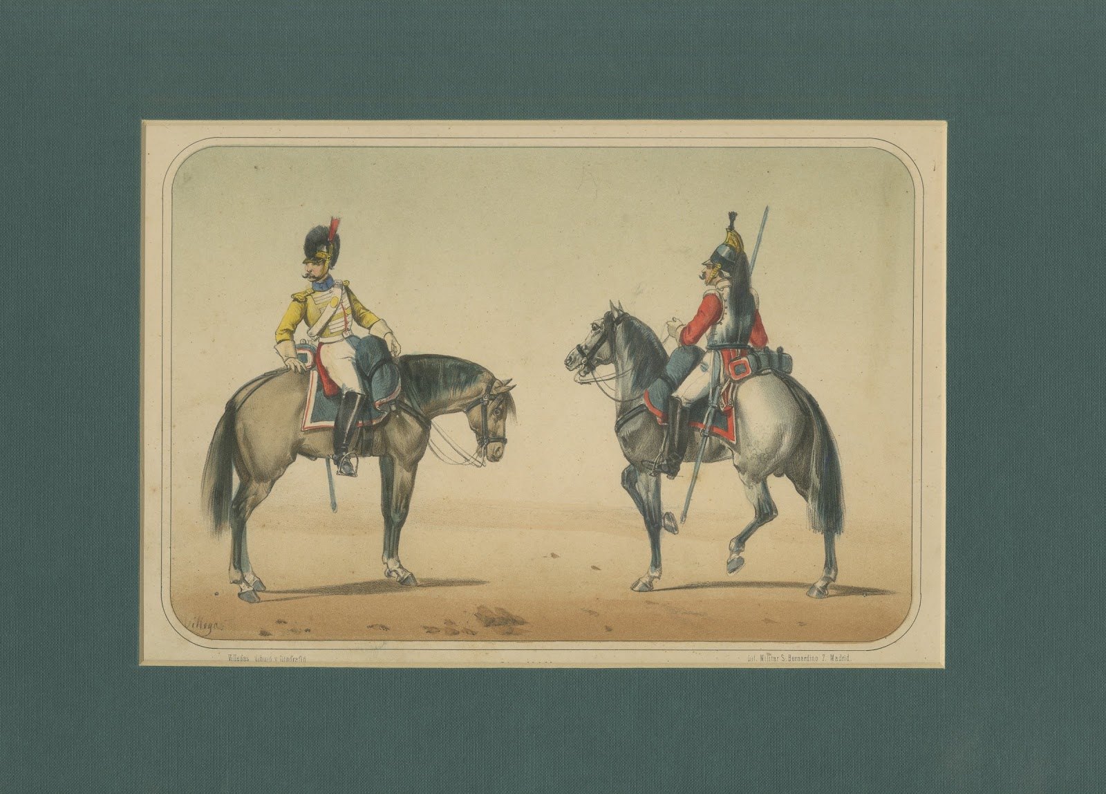 Spanish Cavalry Lithograph by José Villegas: Lancer and Officer, 1861