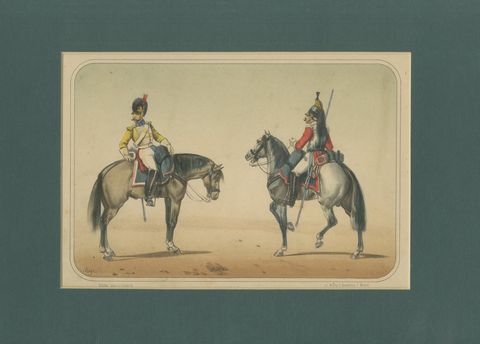 Spanish Cavalry Lithograph by José Villegas: Lancer and Officer, 1861