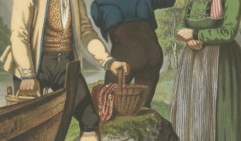 Norwegian Boatmen and Women in Sogn Costume, Scenic Folk Illustration, c.1860, close-up 2