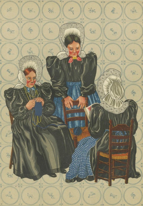 Rare 1932 Dutch Print: Huizen Women's Modern Dress with Lace Caps & Aprons, close-up 5