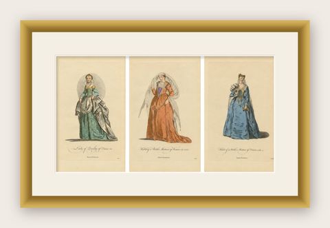 Venetian Noblewomen in Renaissance Dress, Hand-Colored Costume Prints, 1749, shown framed