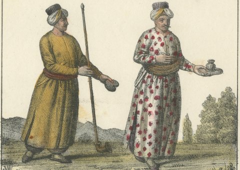 Turkish Chamber Servants with Dishes, Censer and Pipe, Lithograph, 1842, close-up 2