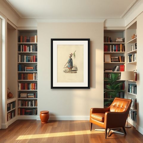 Antique Print Ensign Bearer of the Spahis, The Military Costume of Turkey, 1818, shown framed in a room