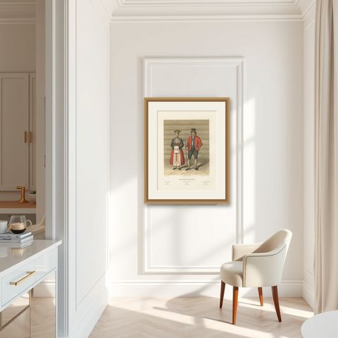 Norwegian Bride and Groom in Hardanger Dress, Antique Print, 1860s, shown framed in a room