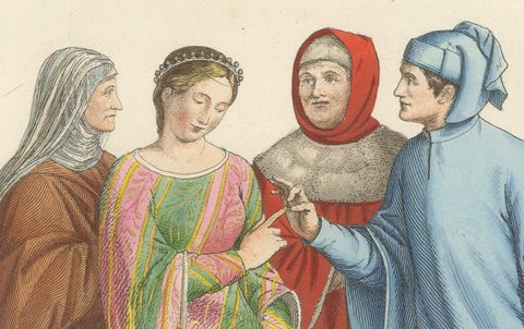 Medieval Italian Courtship c.1300s, Nobles in Historic Dress, Print 1845, close-up 3